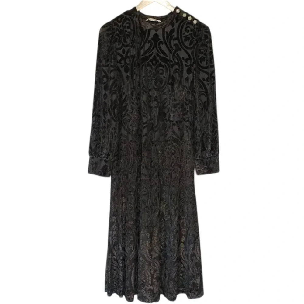 NEW Soft Surroundings Hadley Dress Womens 6P Black Velvet‎ Burnout Romantic Midi